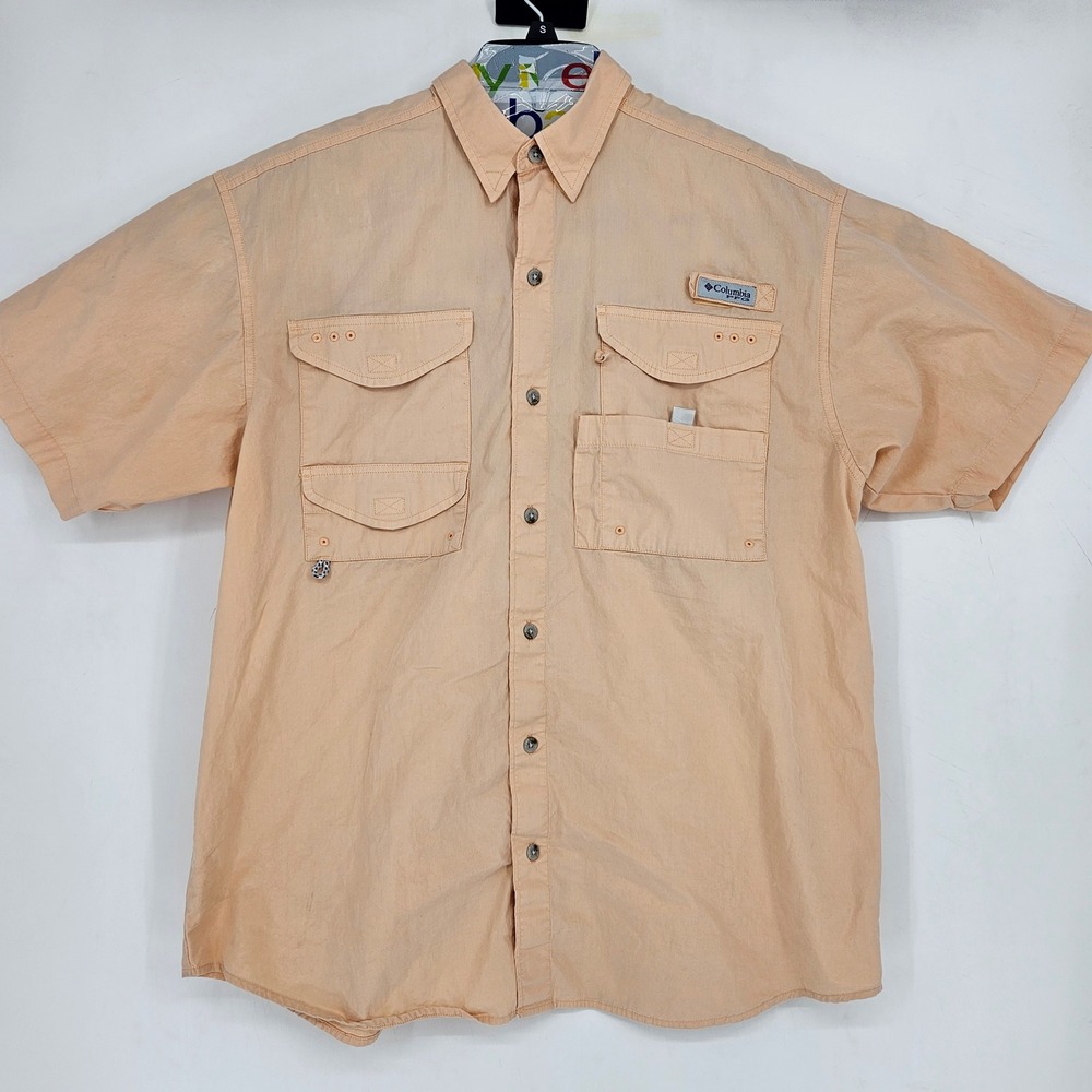 Columbia Shirt Mens Medium Bonehead PFG Vented Peach Button Up Short Sleeve